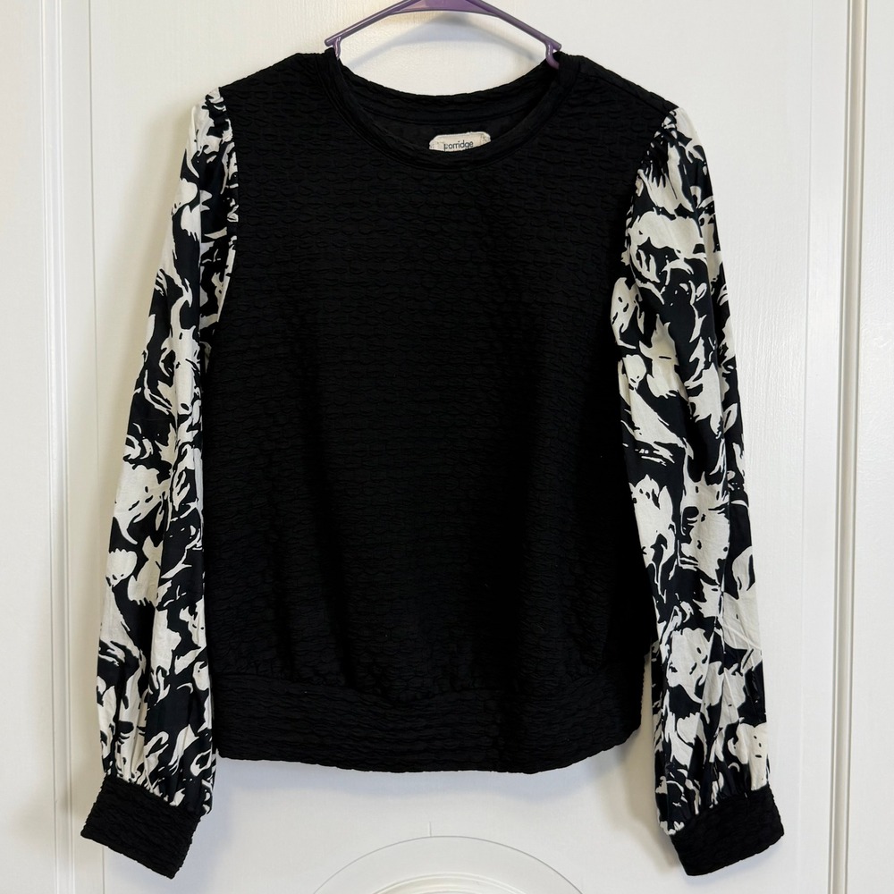 Porridge Textured Floral Puff Sleeve Top Women S Black White